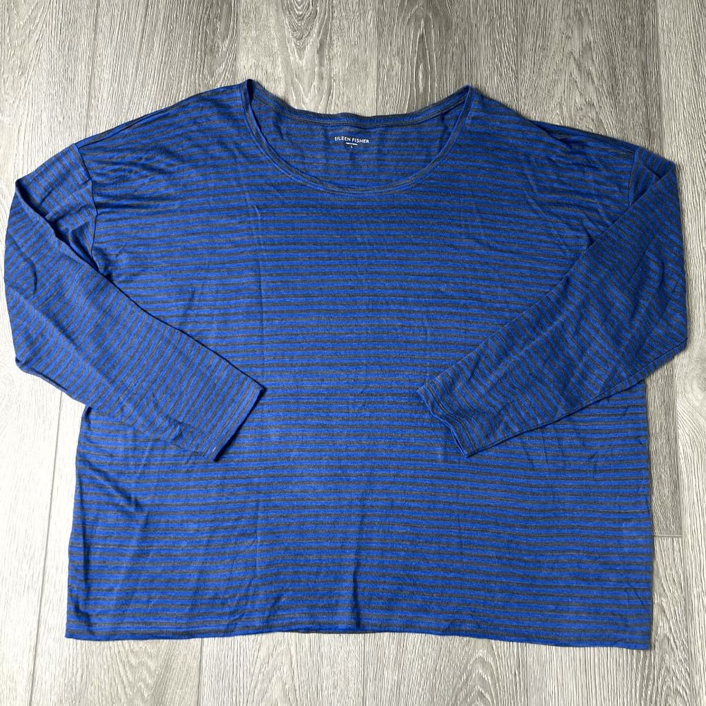 Eileen Fisher Linen Top Boxy Relaxed Blue Gray Lagenlook Shirt Size Large
